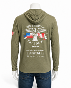 Rossi "250 Years of Freedom" Hooded Long-Sleeve Tee — Military Green Frost (Small) Rossi "250 Years of Freedom" Hooded Long-Sleeve Tee — Military Green Frost (Small)